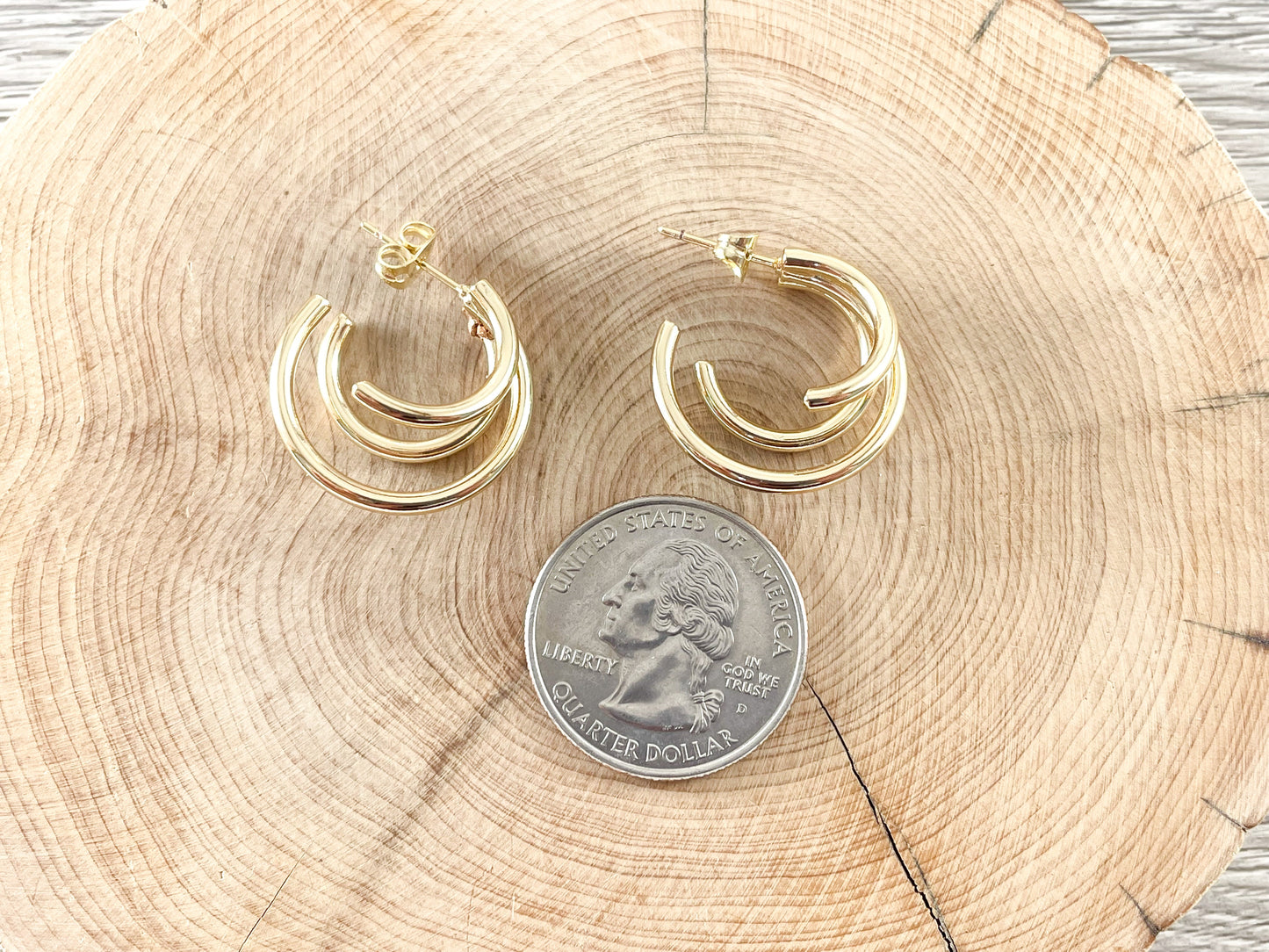 18K Gold or Platinum Plated Three Lined Swirl Hoop Earring Over Copper 5 pairs