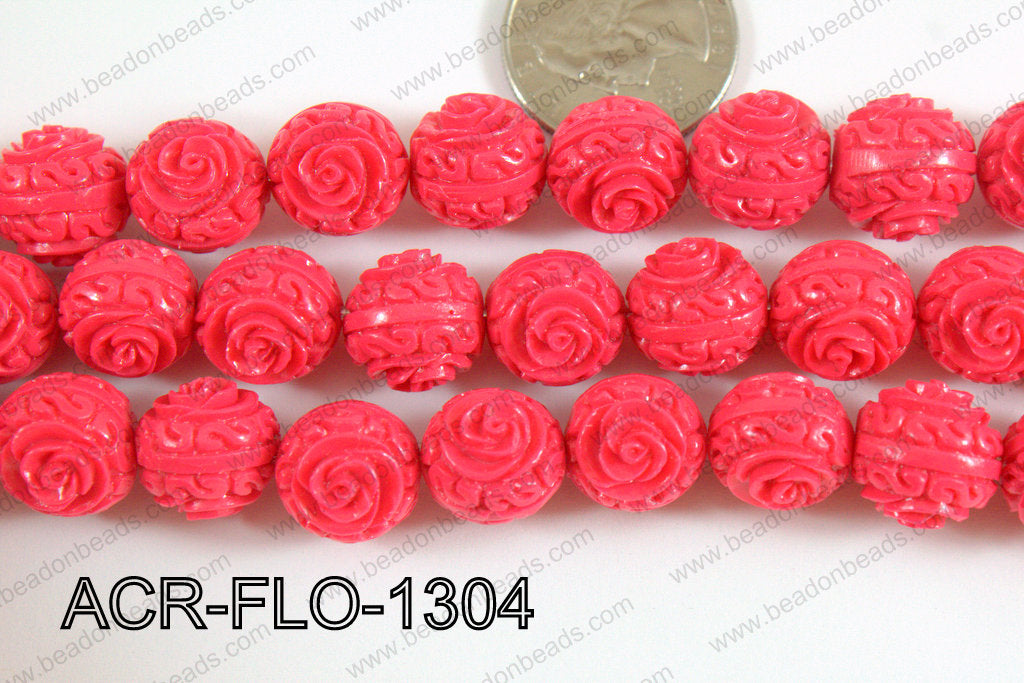 Acrylic Flower carved Round 11mm Dark pink ACR-FLO-1304