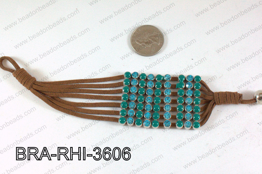 Rhinestone Bracelet Blue/Teal with Brown Cord 36mm BRA-RHI-3606