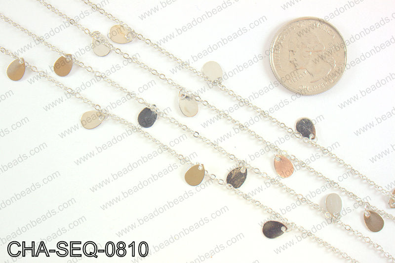Dangle teardrop sequin chain 8x5mm, silver CHA-SEQ-0810