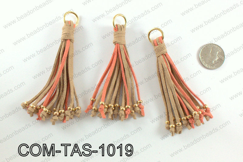 Suede leather tassels 100mm, Coral/TanCOM-TAS-1019