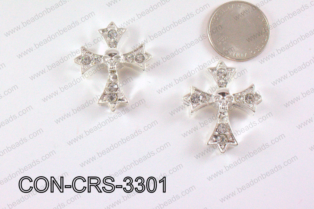 Metal Cross Connector with Rhinestone Silver 29x33mm CON-CRS-330