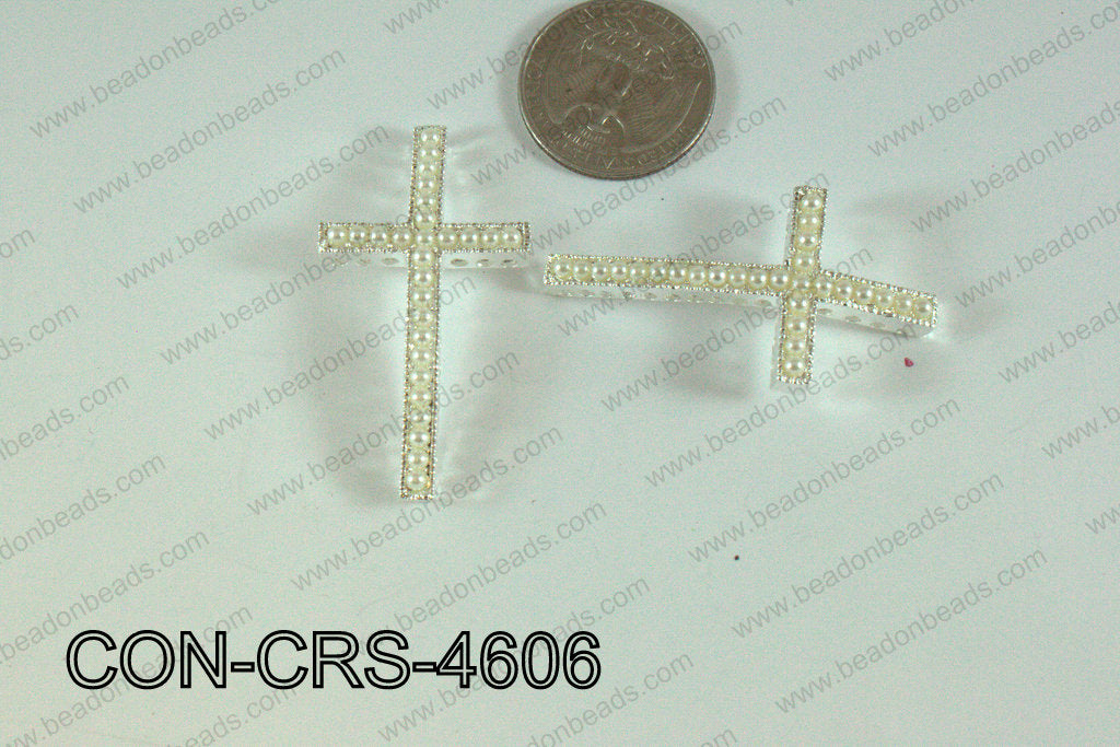 Connector with pearl Cross silver/white 25x46mm CON-CRS-4606