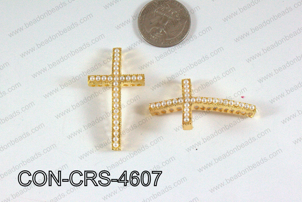Connector with pearl Cross gold/white 25x46mm CON-CRS-4607