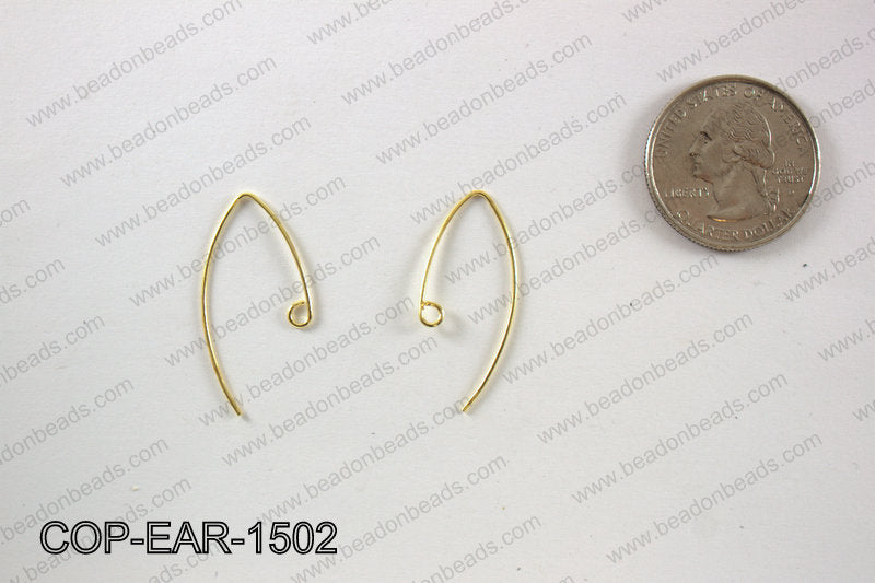 V shaped earring wire 15x29mm, Gold COP-EAR-1502