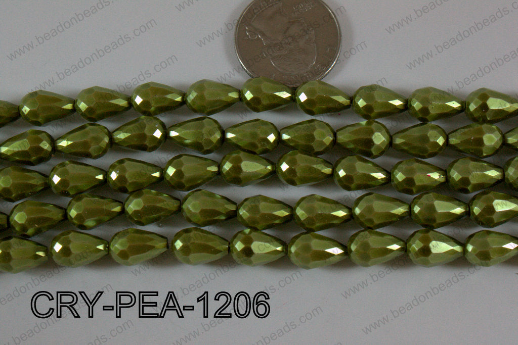 Teardrop Crystal with Pearl Coating Faceted Green 8x12mm CRY-PEA