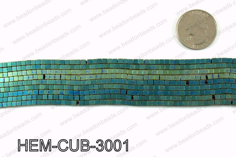 Matte metallic coated hematite 3x3mm HEM-CUB-3001