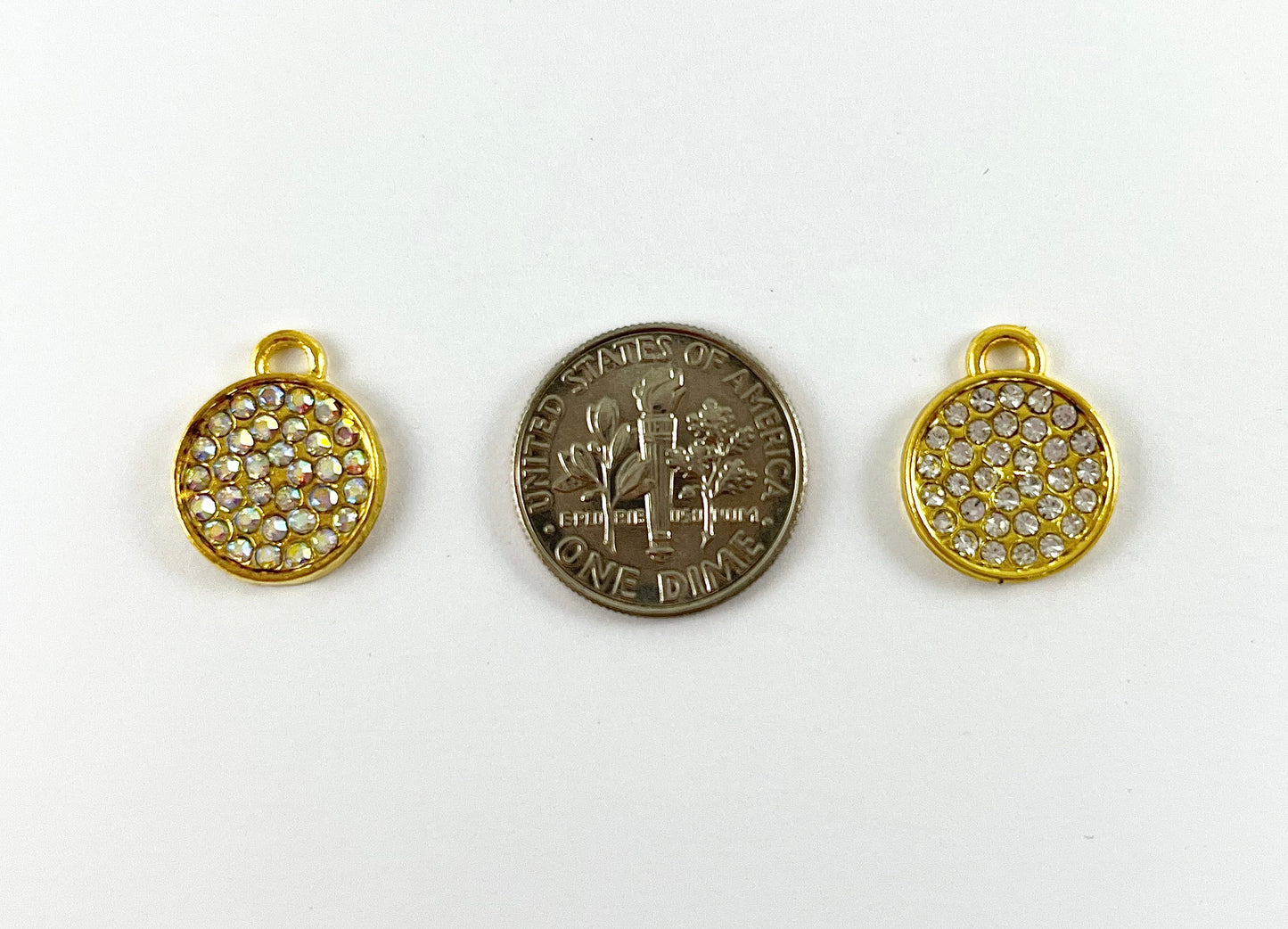 13mm Pewter Rhinestone Coin Bezel 1 Loop Charm Available in Bronze, Copper, Gold, Silver and Gunmetal, Clear and Clear AB