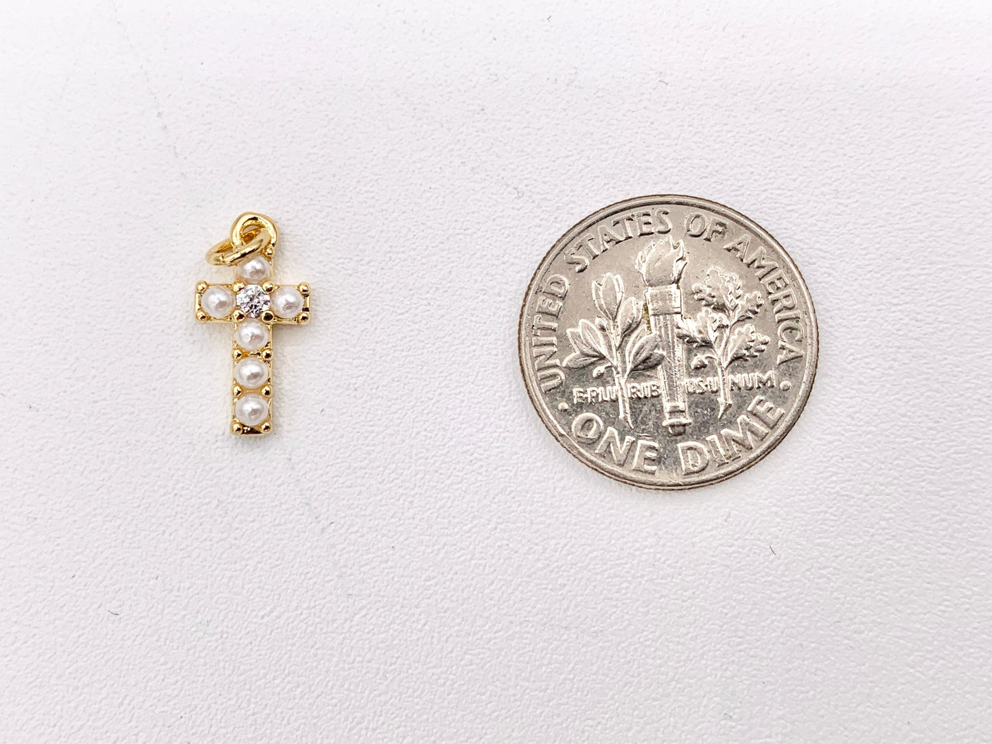 Real Gold 18K Plated Micro CZ Pave Tiny Pearl Cross Charm Over Brass 10 PCS