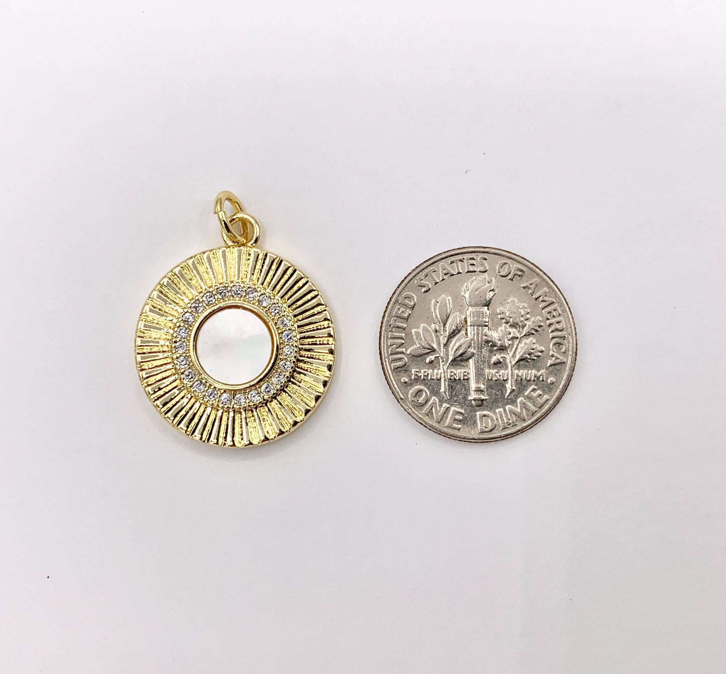 Mother of Pearl Coin Pendant CZ Pave Charm in Real Gold 18K Plated Over Brass 5 PCS