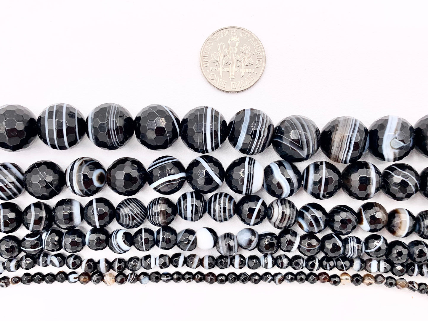 Grade AAA Black Sardonyx with White Stripes Agate Round Shiny Polished Faceted Natural Stone Beads 3mm 4mm 6mm 8mm 10mm 12mm Around 14-15"