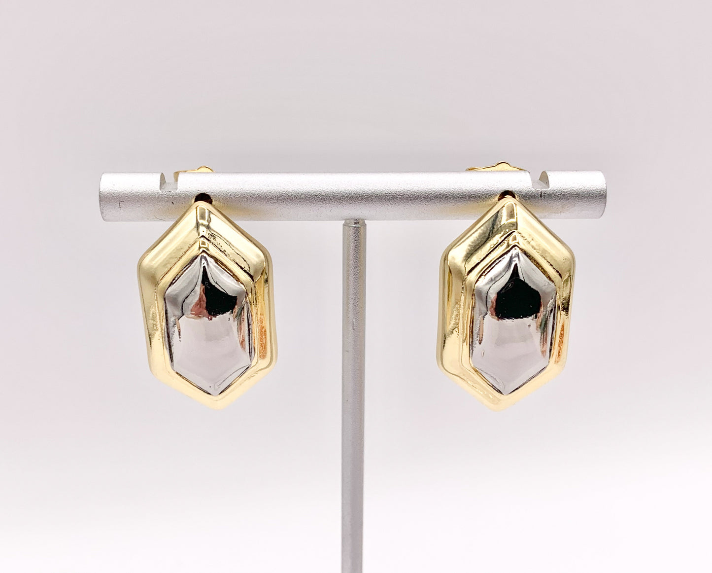 2 Tone Minimalist Hexagon Shaped Earring Studs in 18K Gold/Silver Plated Over Brass 3 PAIRS