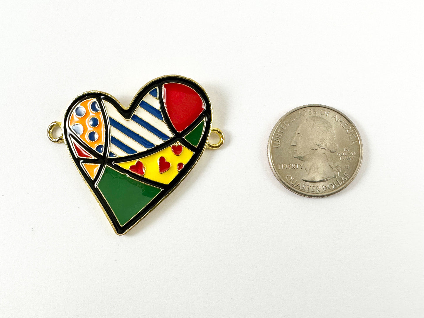 Pewter Enamel Heart Connectors Valentine's Day Large Curved Heart Charms with Colorful Enamel Plating