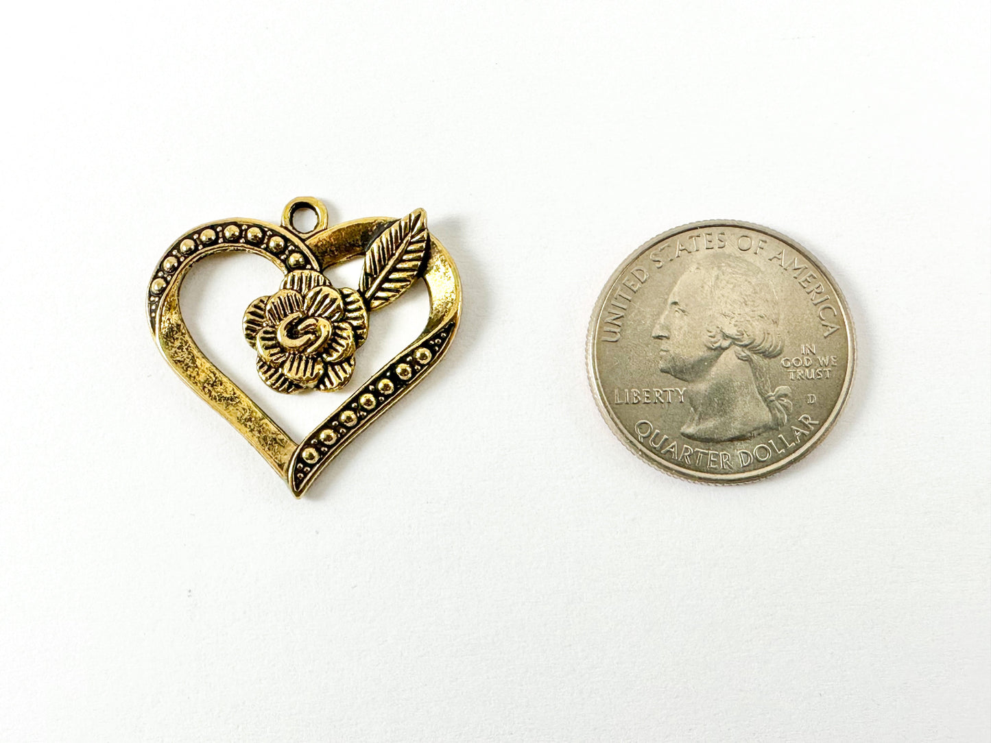 Pewter Rustic Heart With Rose Charms Valentine's Day Heart Pendants in Antique Gold, Copper and Bronze Color