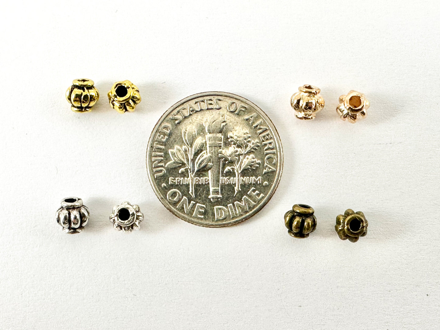 4mm Pewter Pumpkin Shaped Ribbed Spacer Beads Tiny Space Beads for Jewelry Making Antique Gold, Rosy Gold, Silver, Bronze