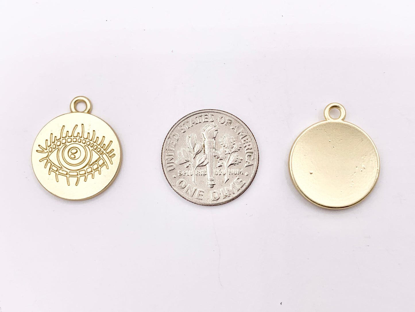 16mm Pewter Evil Eye Carved Circle Pendants Curved Coin One Sided Charms Bulk Order in Gold, Matte Gold, Silver, Brass