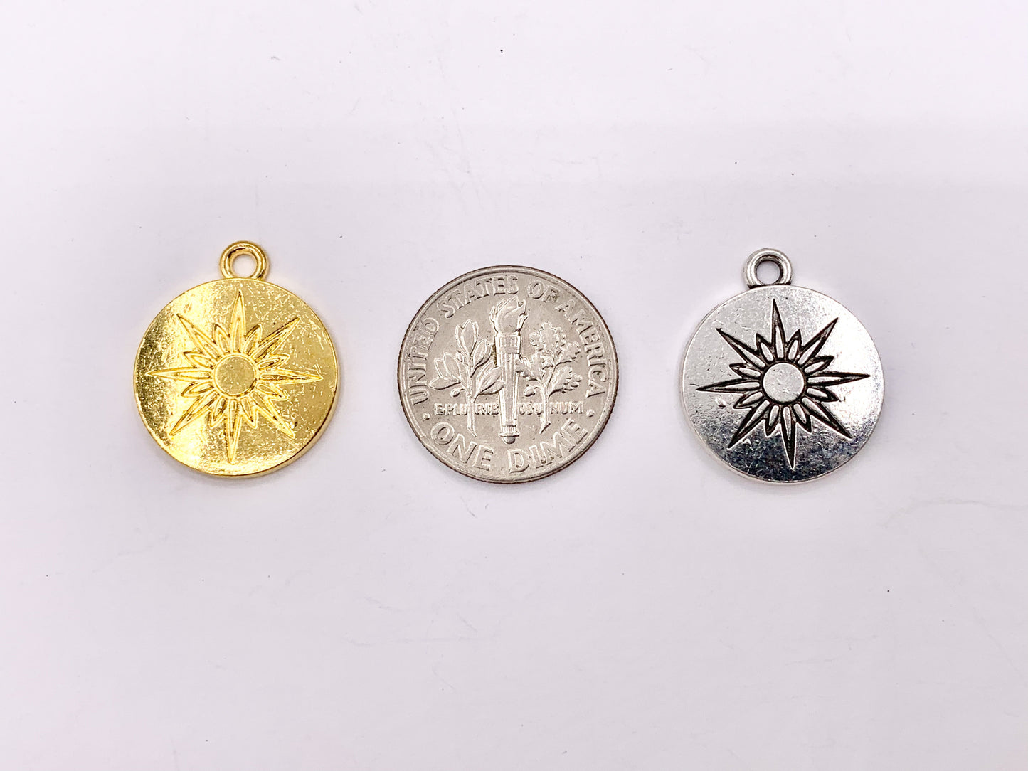 16mm Pewter Sunburst Carved Circle Pendants Curved Coin One Sided Charms Bulk Order in Gold, Silver, Brass 40 PCS