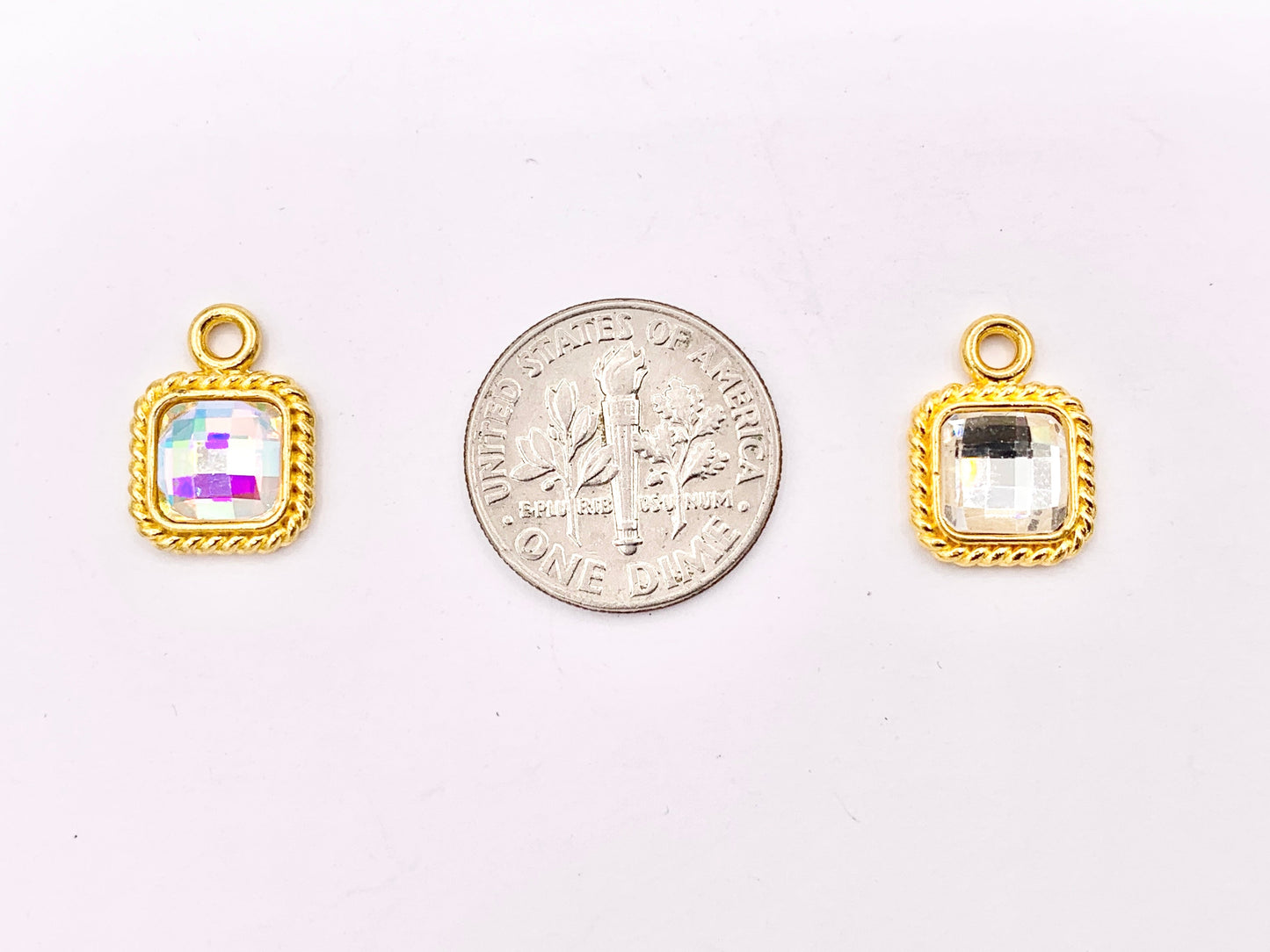 10mm Pewter Tiny Clear/ Clear AB Crystal Square Charm Mini Diamond Charm Available in Bronze, Gold, Silver