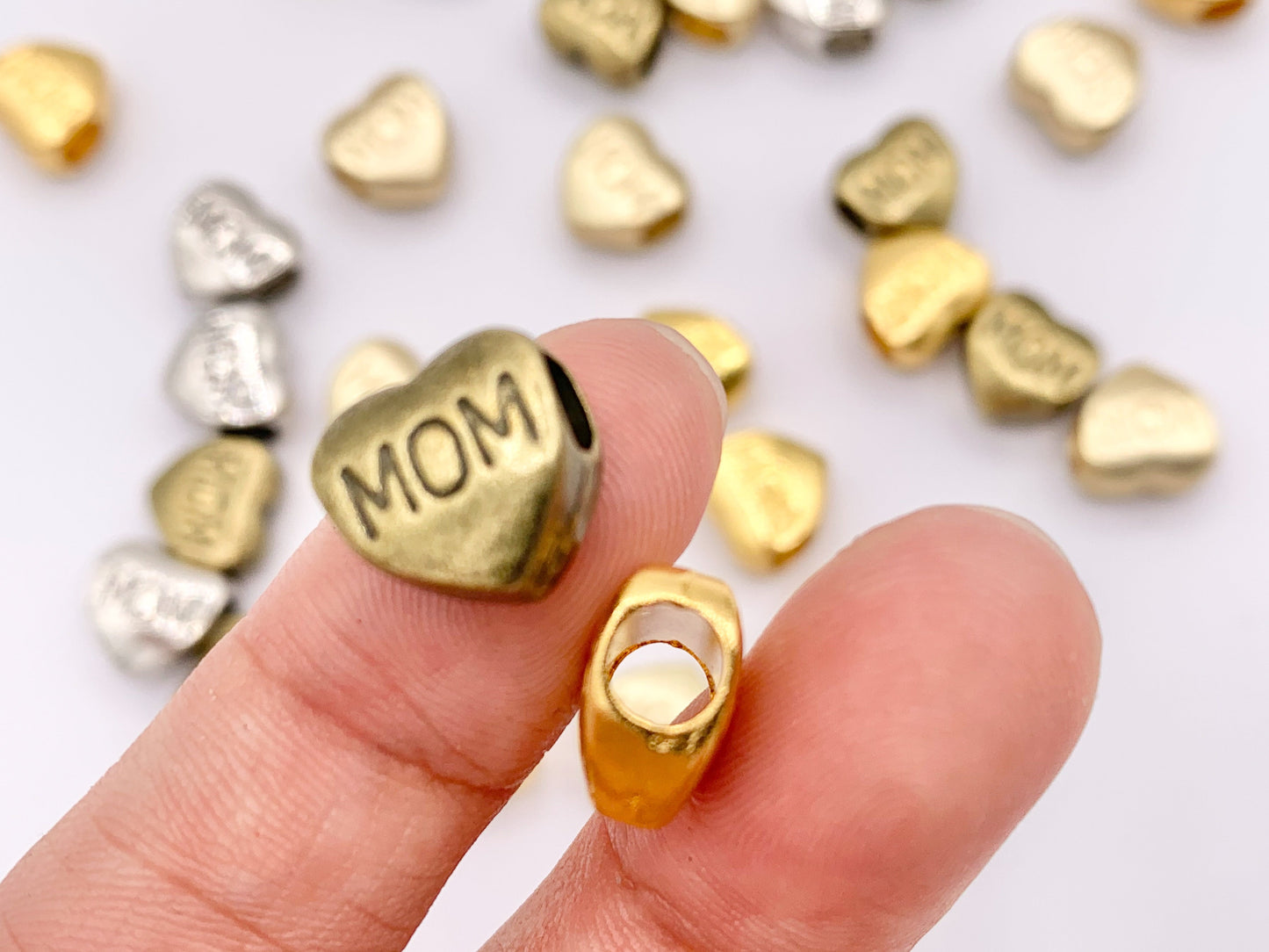 10mm Pewter Heart Spacer Beads Double Sided MOM Puffy Heart Space Beads in Gold, Matte Gold, Silver and Bronze Color