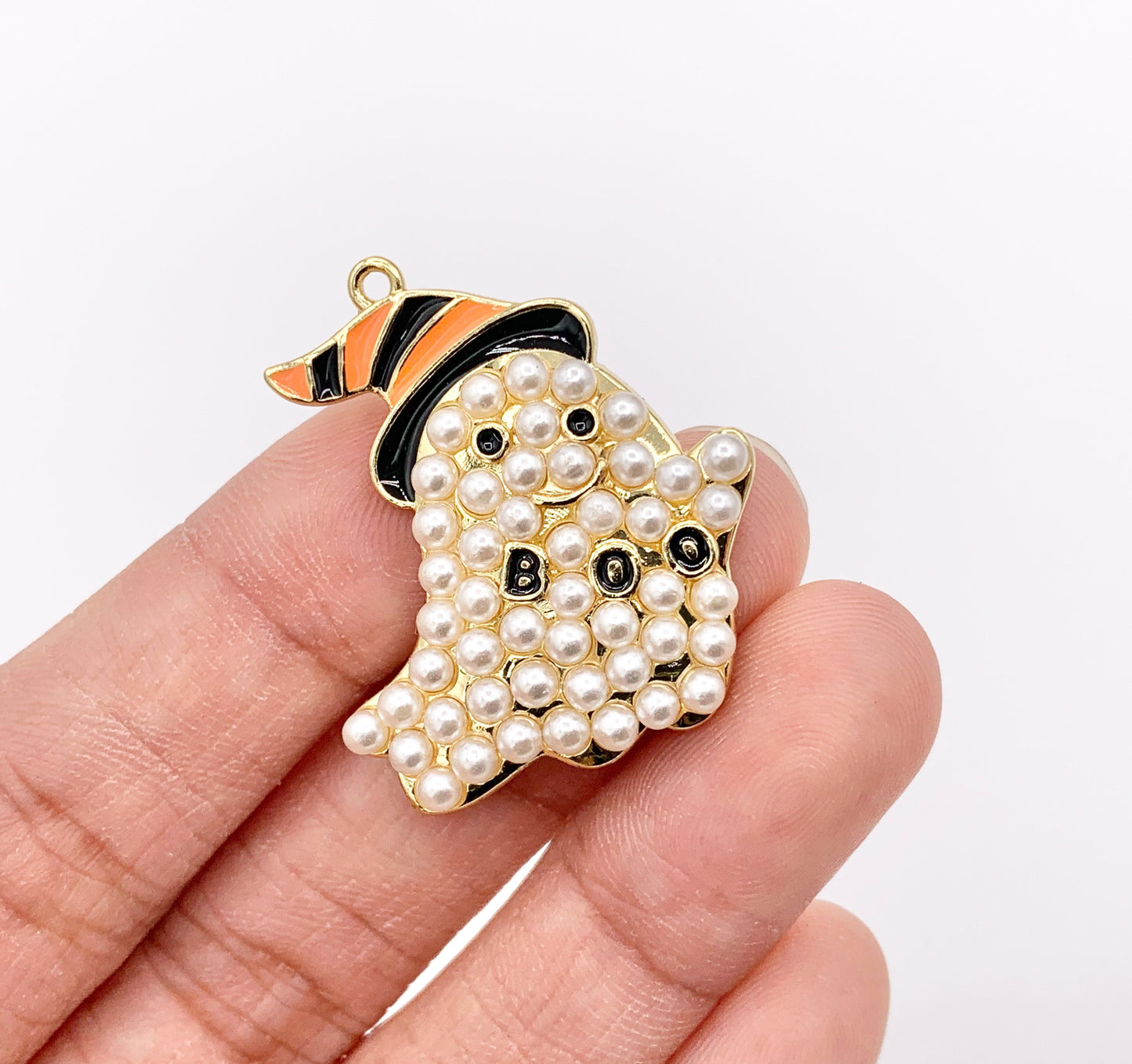 Large Halloween Ghost Charms with Imitation Pearls Black And Orange Enamel Plated Cute Ghost Boo in 18K Gold Plated Copper Base5 PCS