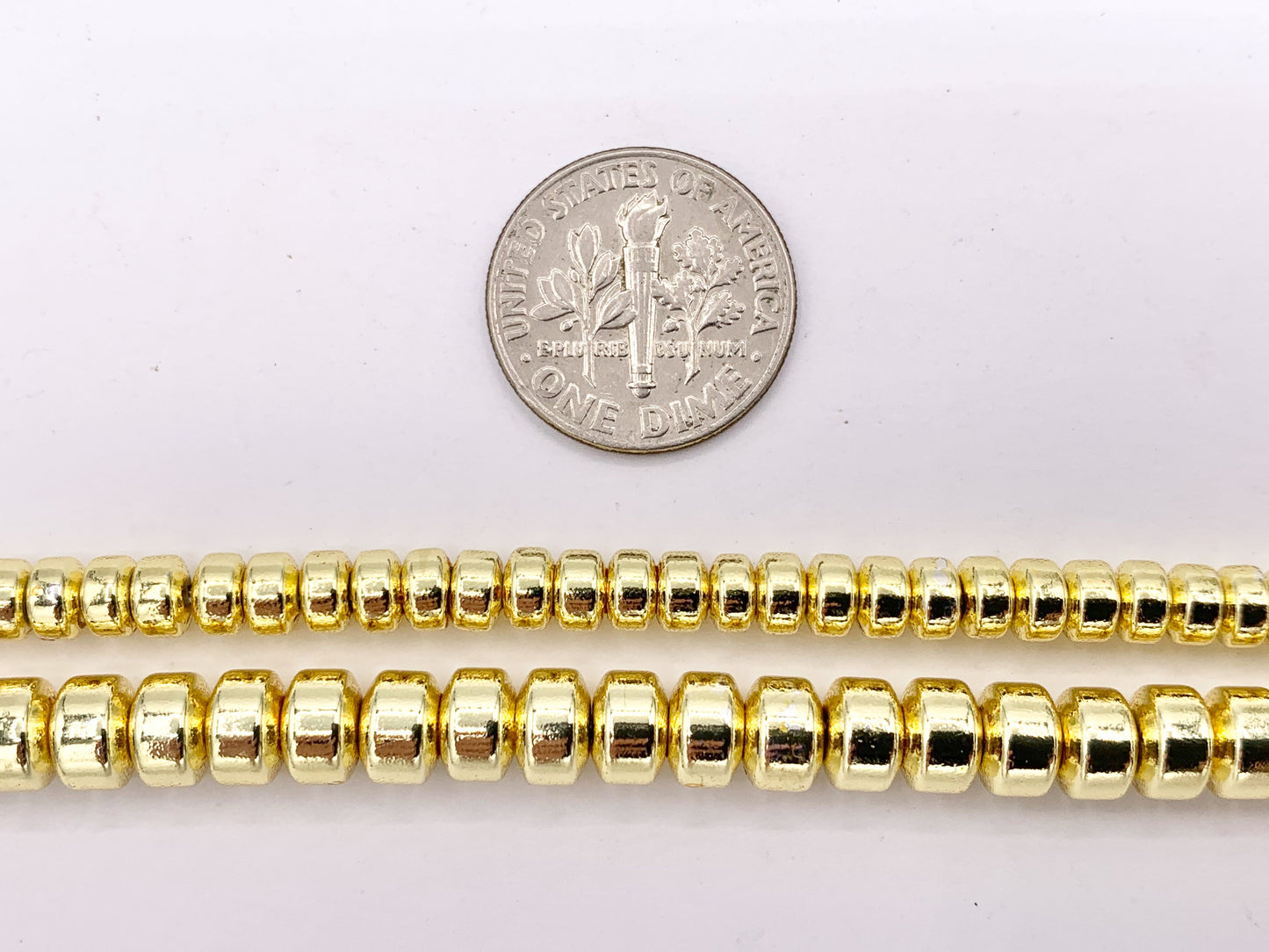 Hematite Puffy Wheel Shiny Spacer Beads | Real 18K Gold Plated Stone Beads 4mm 6mm Around 16"