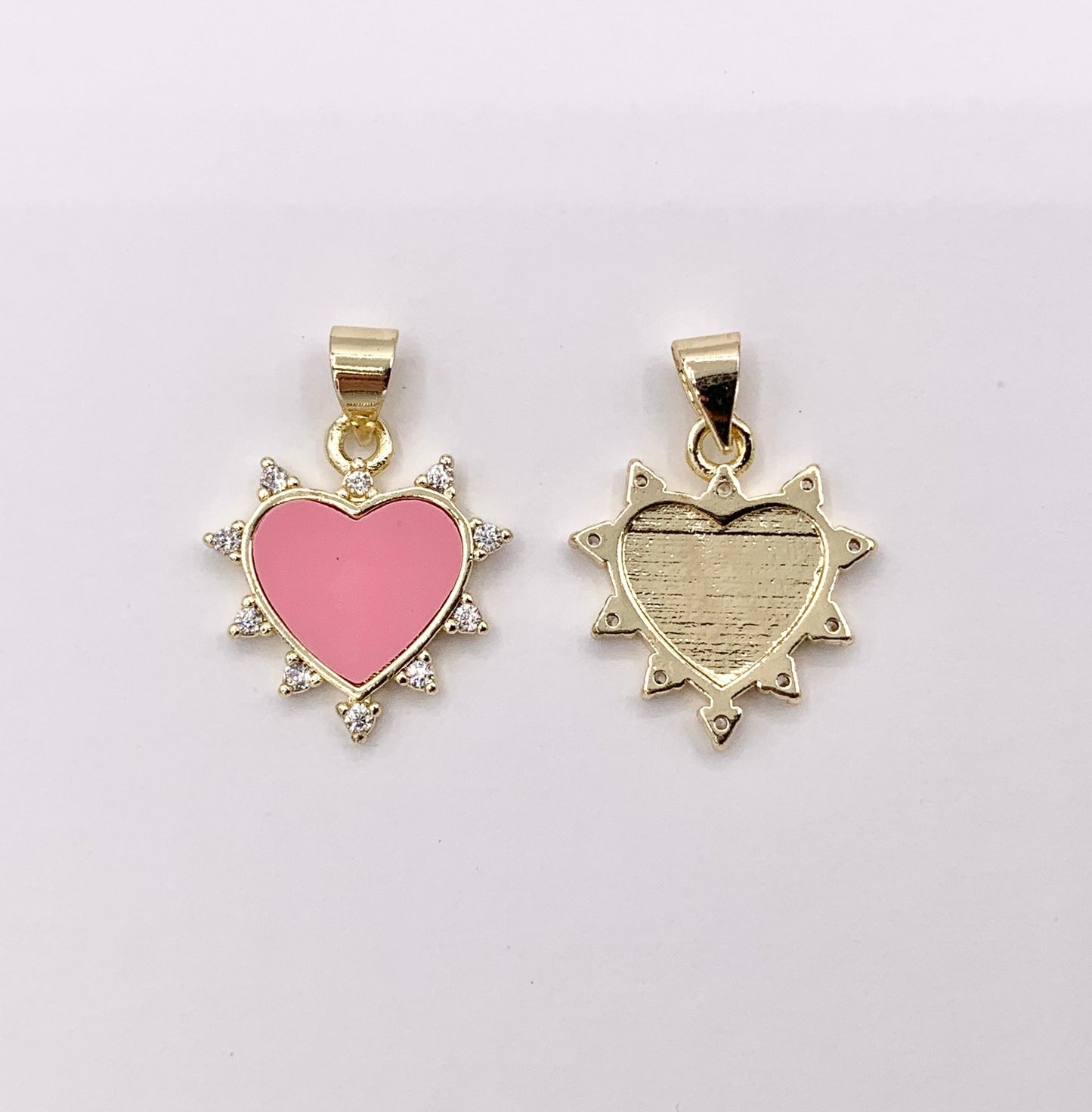 18K Real Gold Plated Micro CZ Pave White Lip Shell & Pink Enamel Heart Charm Pendant Over Copper 10 PCS