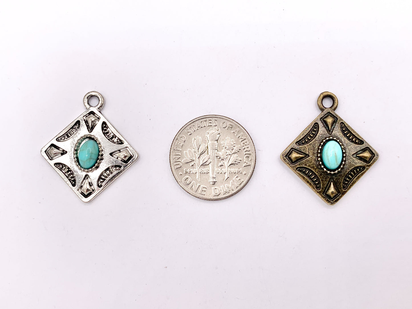 20mm Pewter Granny Square Pendants with Turquoise Howlite Cute Diamond Shape Charms in Gold, Silver, Bronze and Matte Gold Color