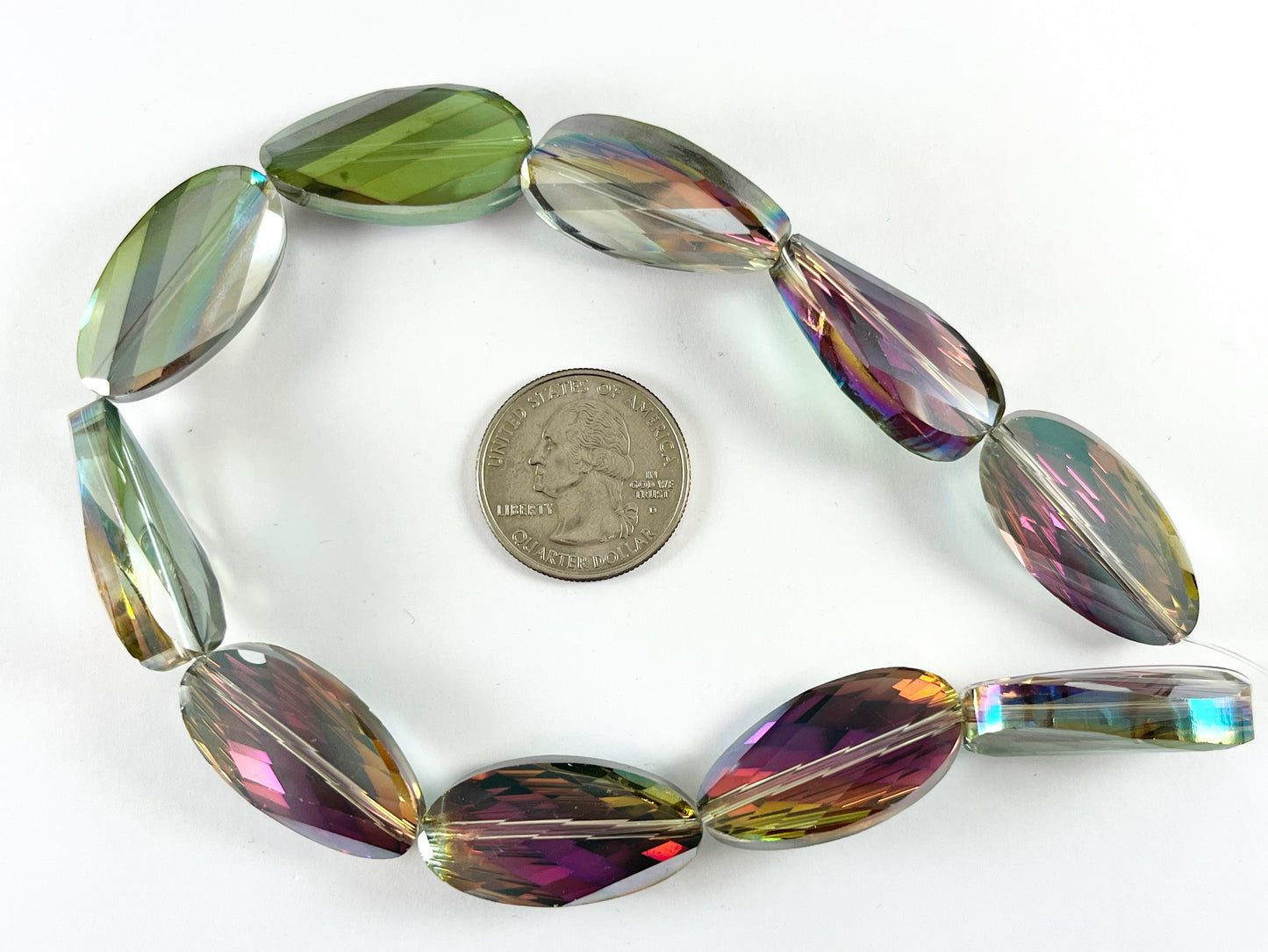 15x30mm Twisted Oval Shiny Faceted Crystal Skinny Long Oval Dyed Glass Beads 4 Colors Available Around 11"