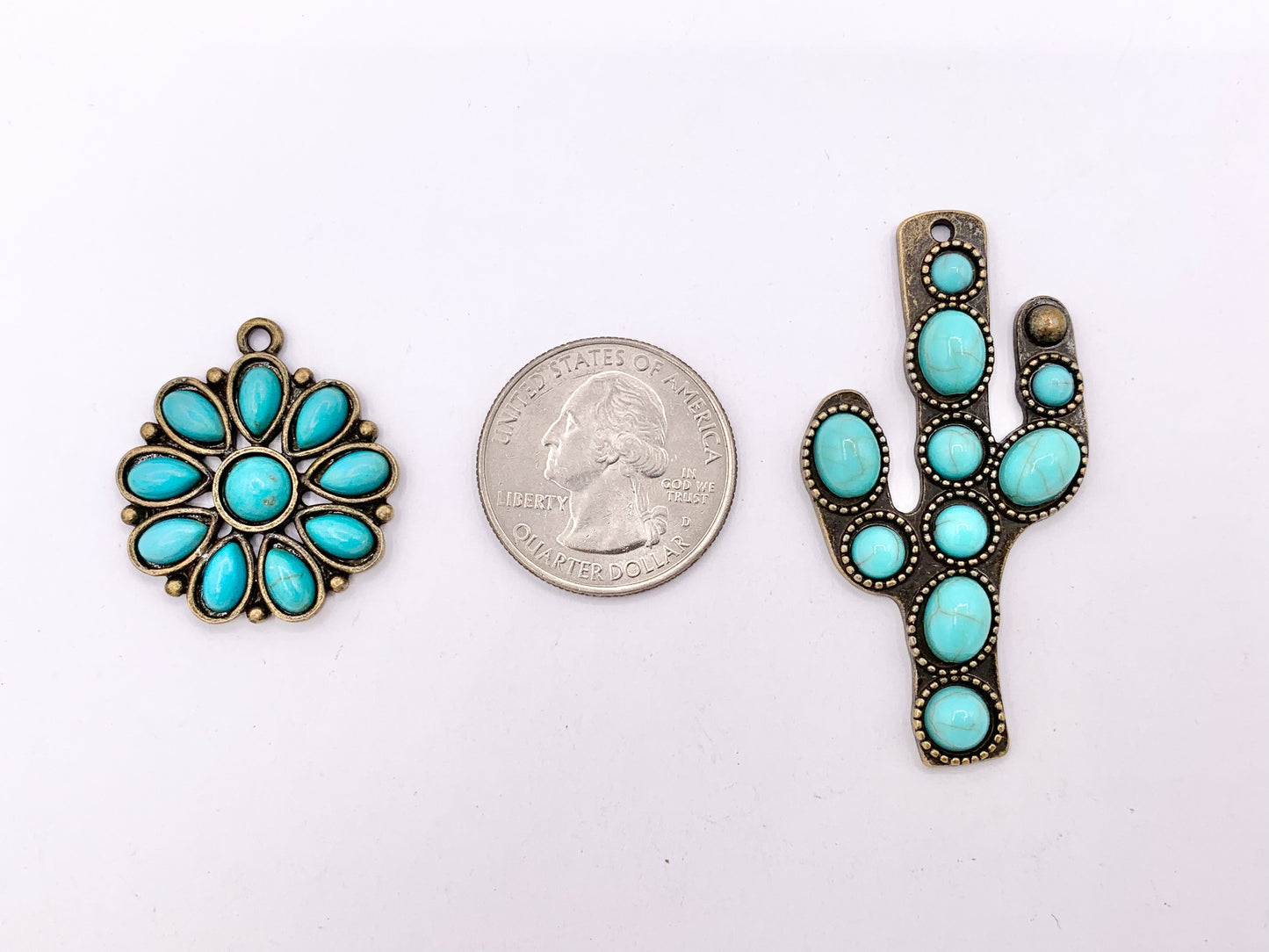 Pewter Flower/Cactus Charms With Turquoise Howlite Cute Floral Pendants in Silver and Bronze Color 6 PCS