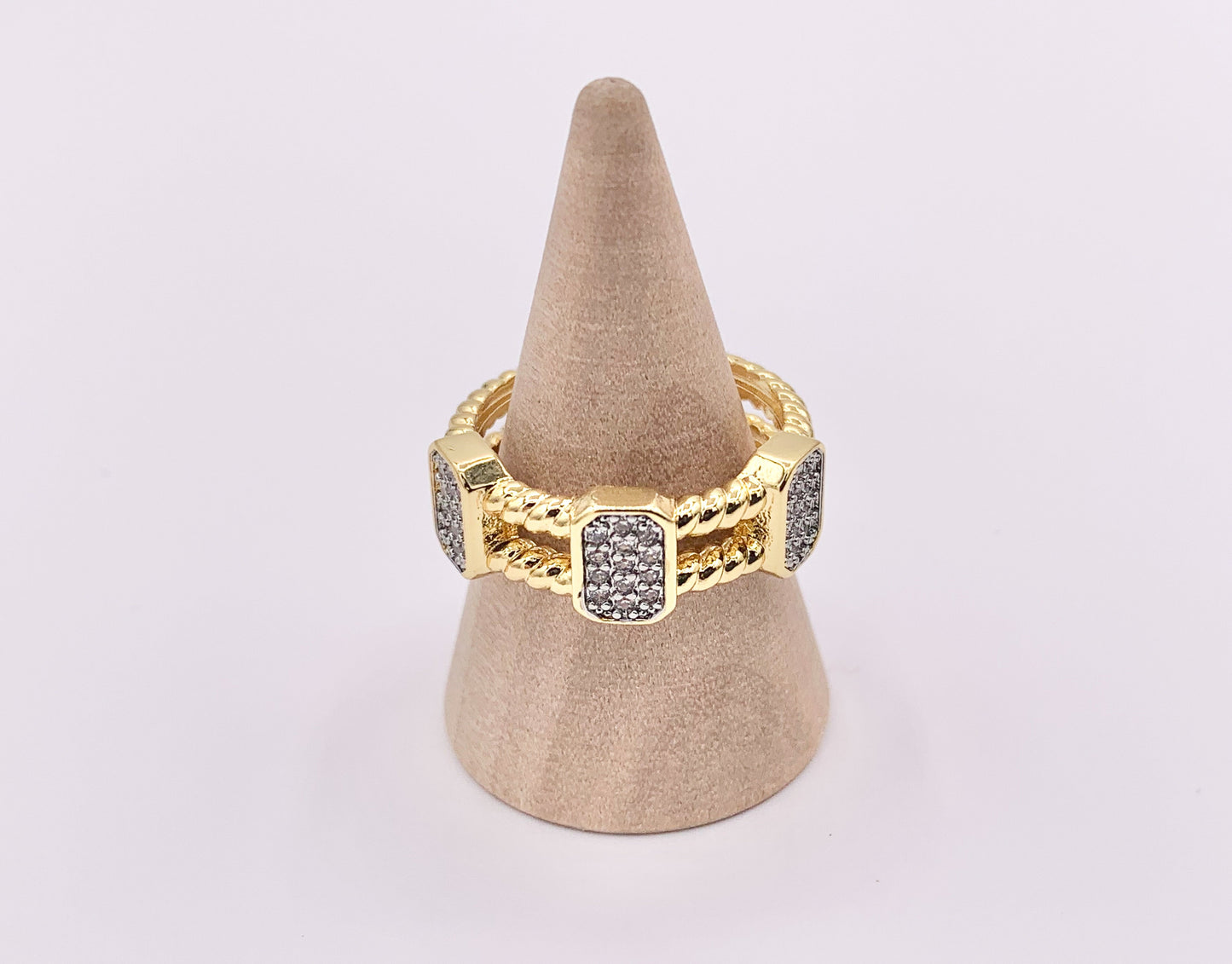 Beautiful 2 Tone Double Layers Band Rings with Silver CZ Pave Rectangles in 18K Gold and Silver Plated Copper 4 PCS
