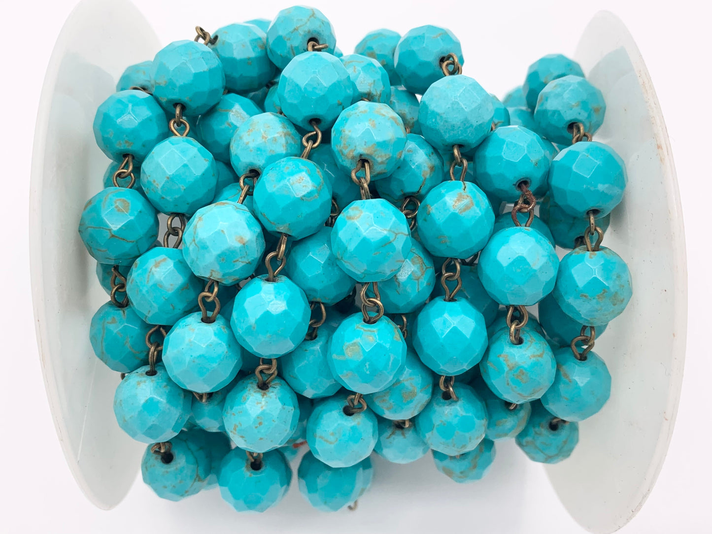 Vintage Turquoise Howlite Round Faceted Rosary Style Beaded Chain With Brass Wire 1 Spool 4mm 6mm 8mm 10mm 12mm