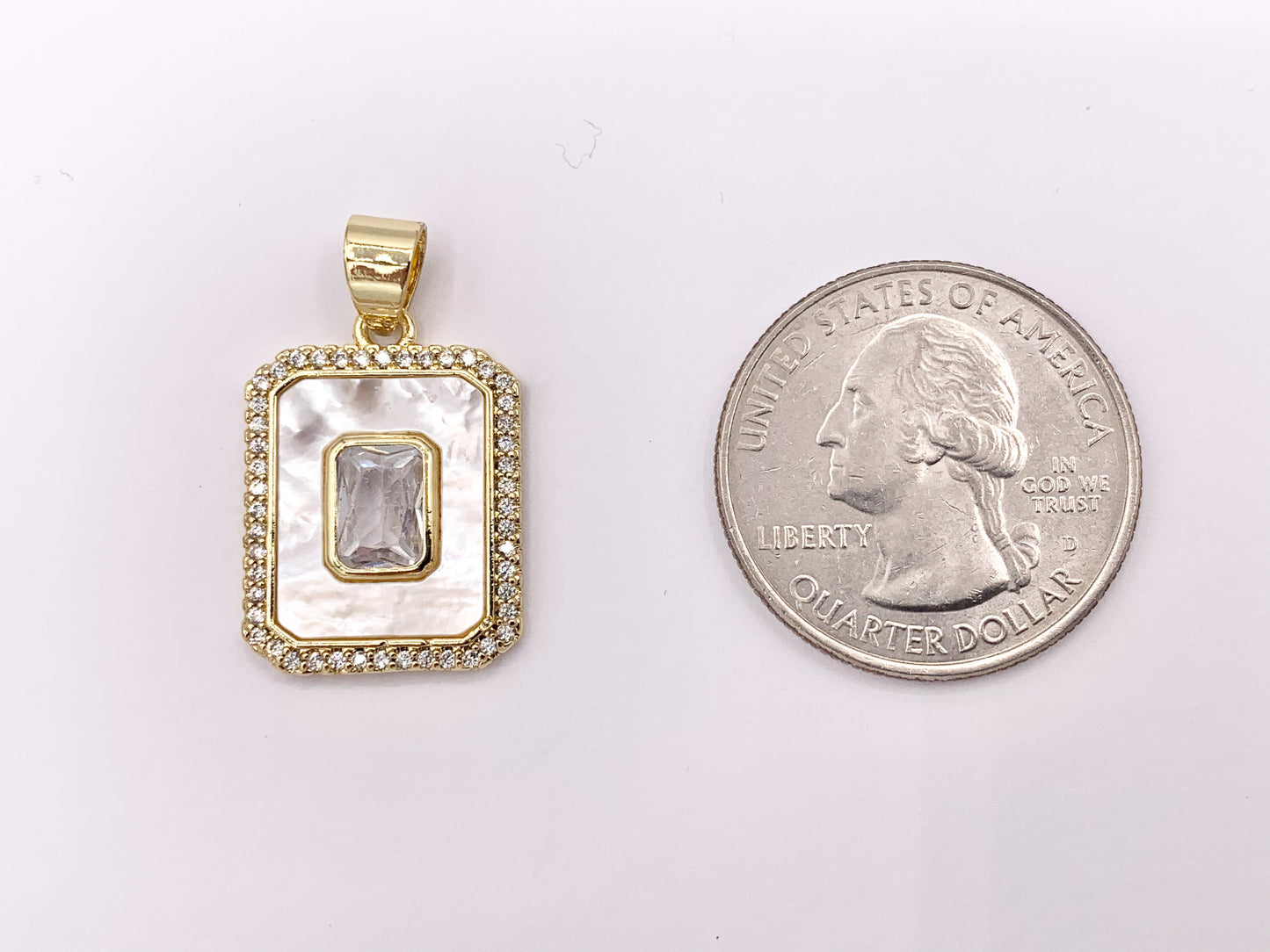 White Lip Shell Rectangle Pendants with CZ Pave in 18K Gold Plated over Copper 4 PCS