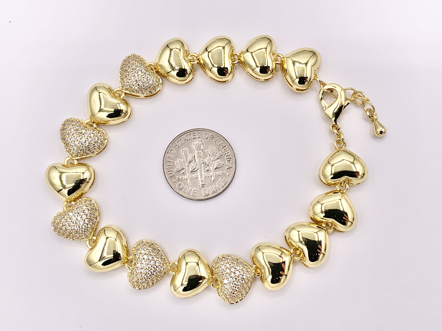 7.5" Delicate Cute CZ Pave Puffy Heart Bracelet in 18K Gold Plated Copper 1 PC