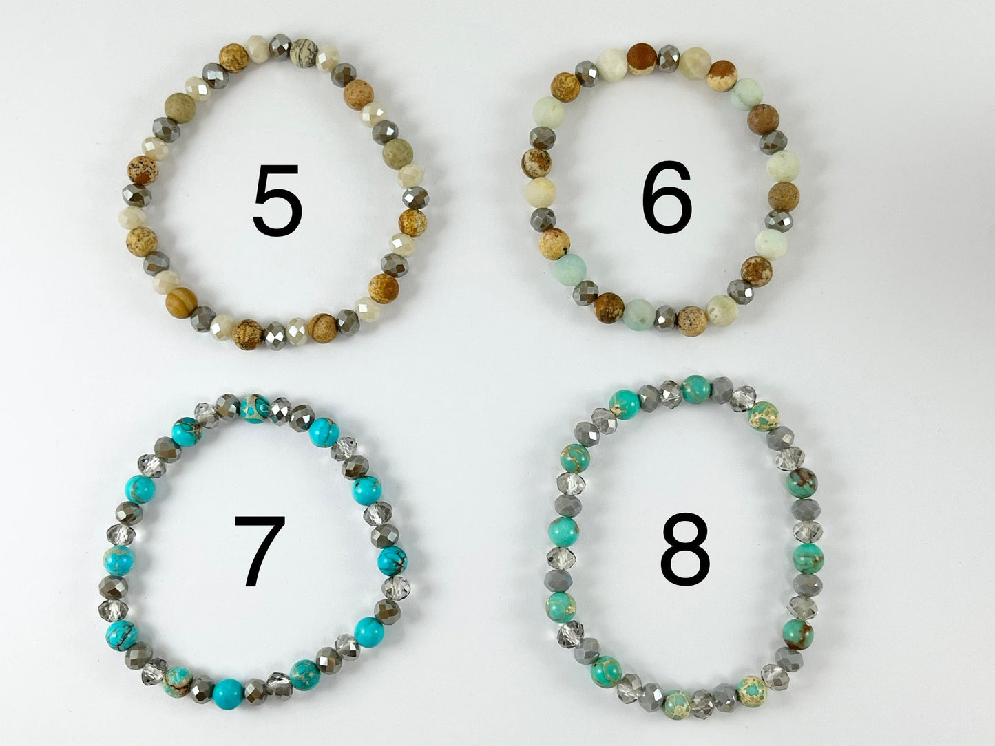 6mm Assorted Stone with Crystals Stretchy Bracelets Picture Jasper/ Amazonite/ Variscite/ Pink Zebra/ Tibetan Agate/ Silver Crazy Lace Agate