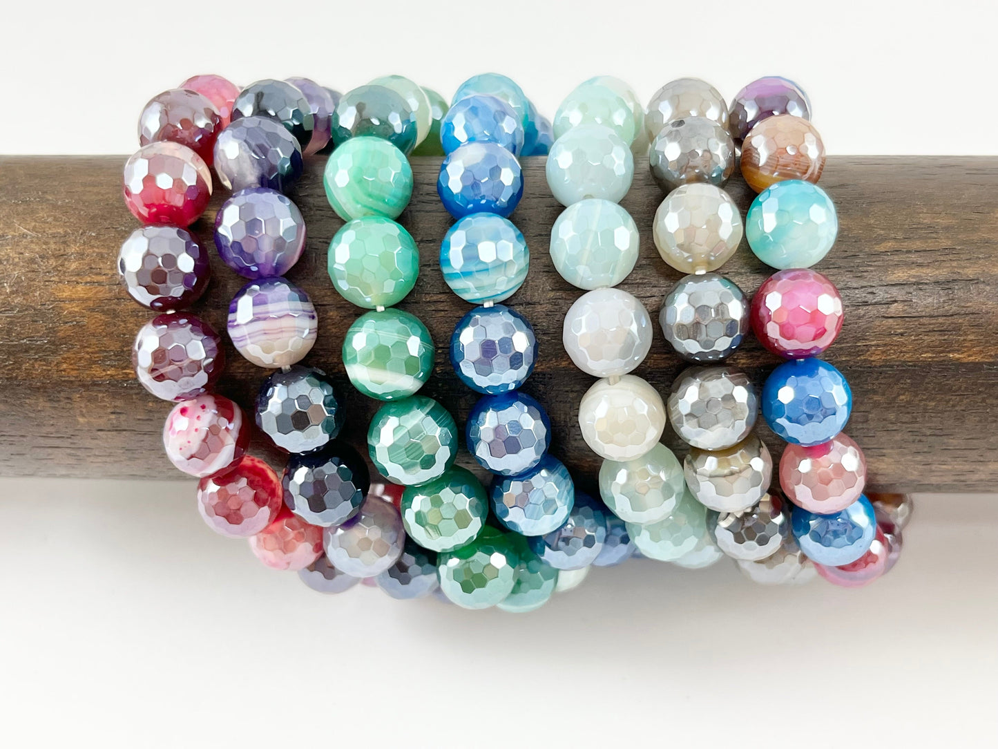 10mm Electroplated Sardonyx Shiny Polished Faceted Round Agate Stretchy Bracelets Hot Pink/ Purple/ Green/ Blue/ Aqua/ Brown/ Multicolor