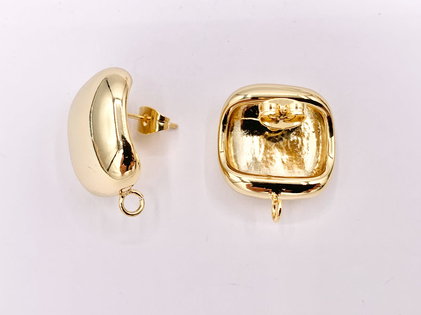 Shiny Puffy Square Earring Findings Component with Loop in 18K Gold plated Copper 4 PAIRS