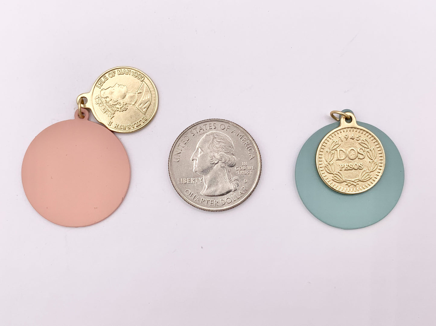 28mm Pewter 2 pcs Matte Pastel Colorful Queen Elizabeth Coin Charms in Pink, Blue, Dark Blue, Gray 8 PCS