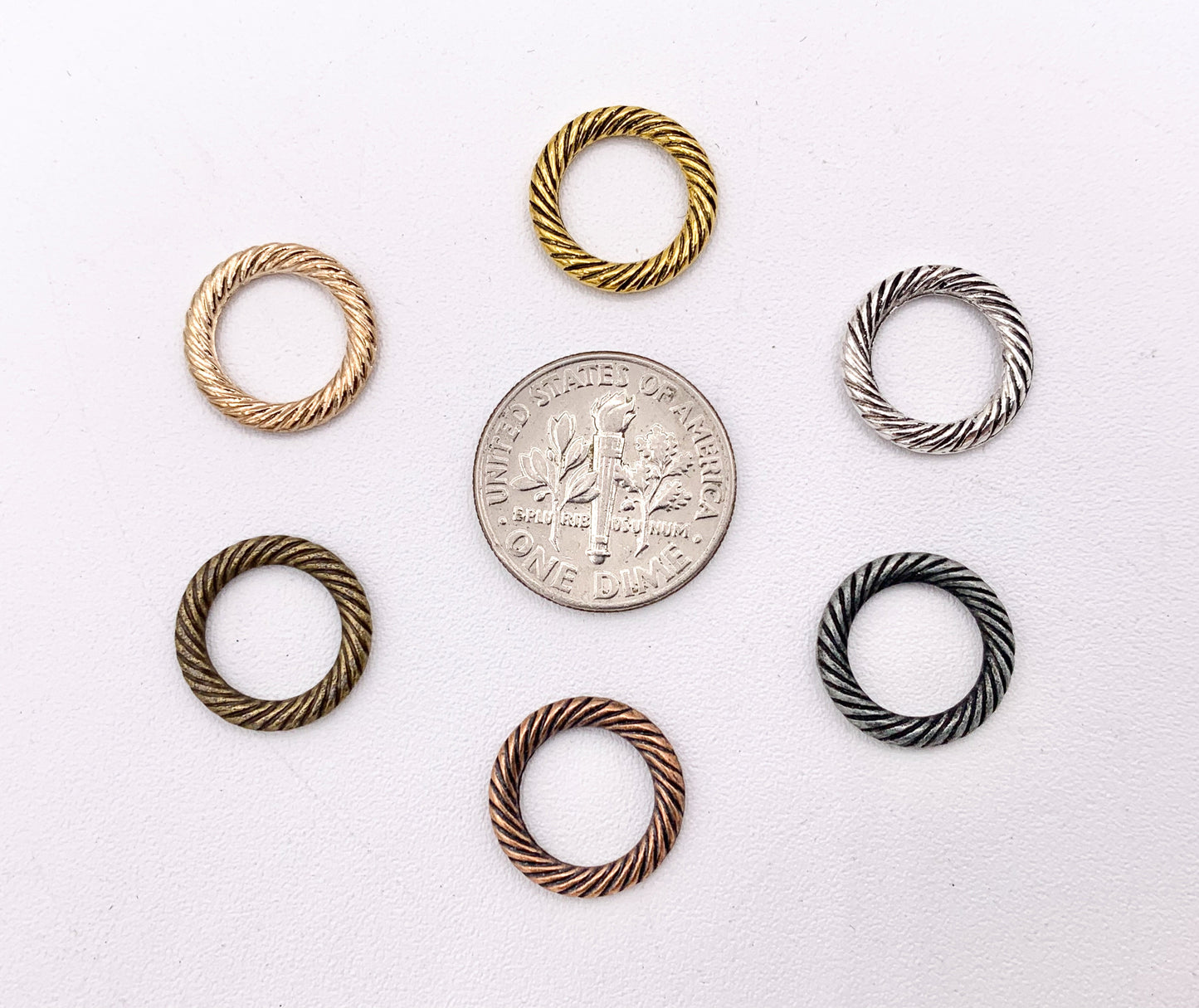 13mm Pewter Textured Roped Circle Ring Pendants Bulk Order in Gold, Rosy Gold, Silver, Brass, Copper, Gunmetal