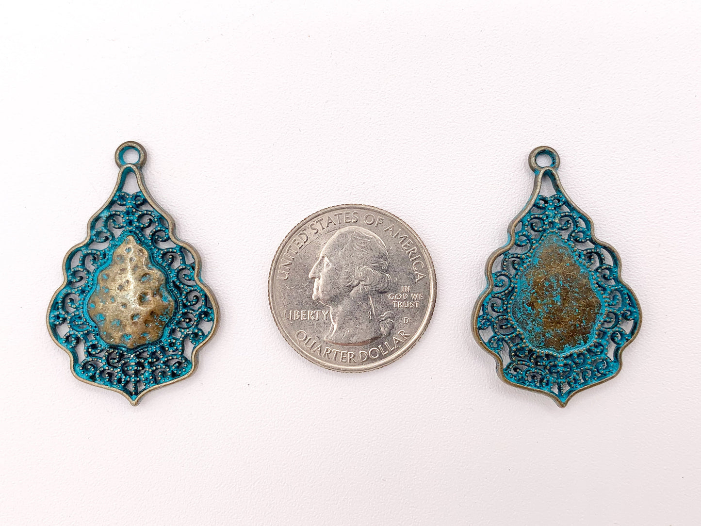 24x37mm/1x1.5 inches Pewter Detailed Filigree Teardrop Pendants Bulk Order in Gold, Silver, Copper, Brass, Gunmetal and Blue Patina