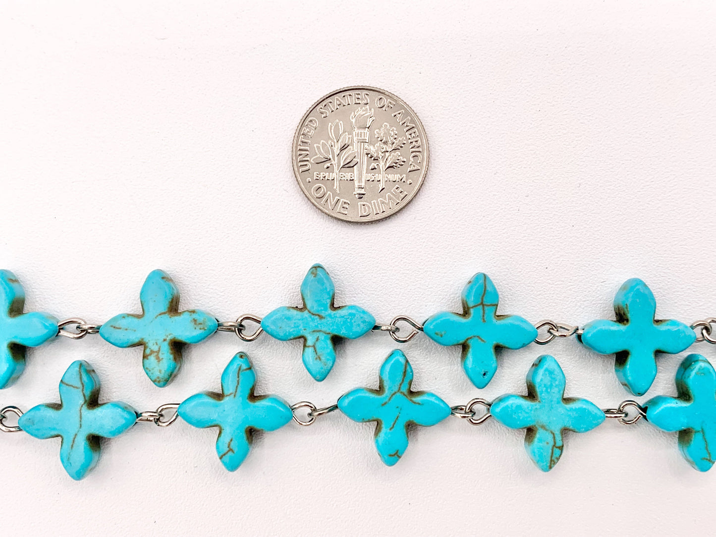 Vintage Turquoise Howlite Cross Rosary Style Beaded Chain With Brass and Silver Wire 1 Spool 8mm 14mm