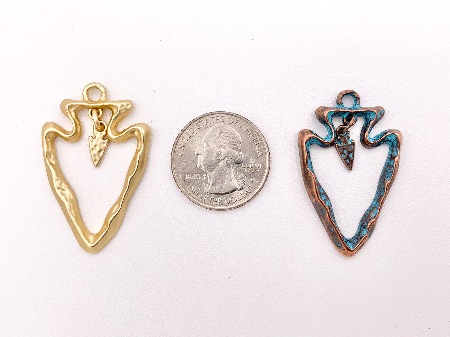 25x40mm Pewter Hollow Arrowhead Pendants with Tiny Dangle Charm in Gold, Matte Gold, Silver, Copper, Brass, Gunmetal and Blue Patina