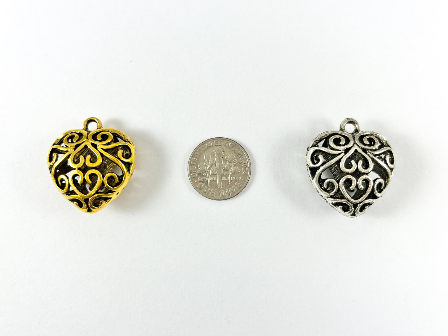 Pewter Heart Pendants Double Sided Hollow Filigree Puffy Valentine's Day Heart Pendants in Gold, Silver, Copper and Bronze Color 8PCS