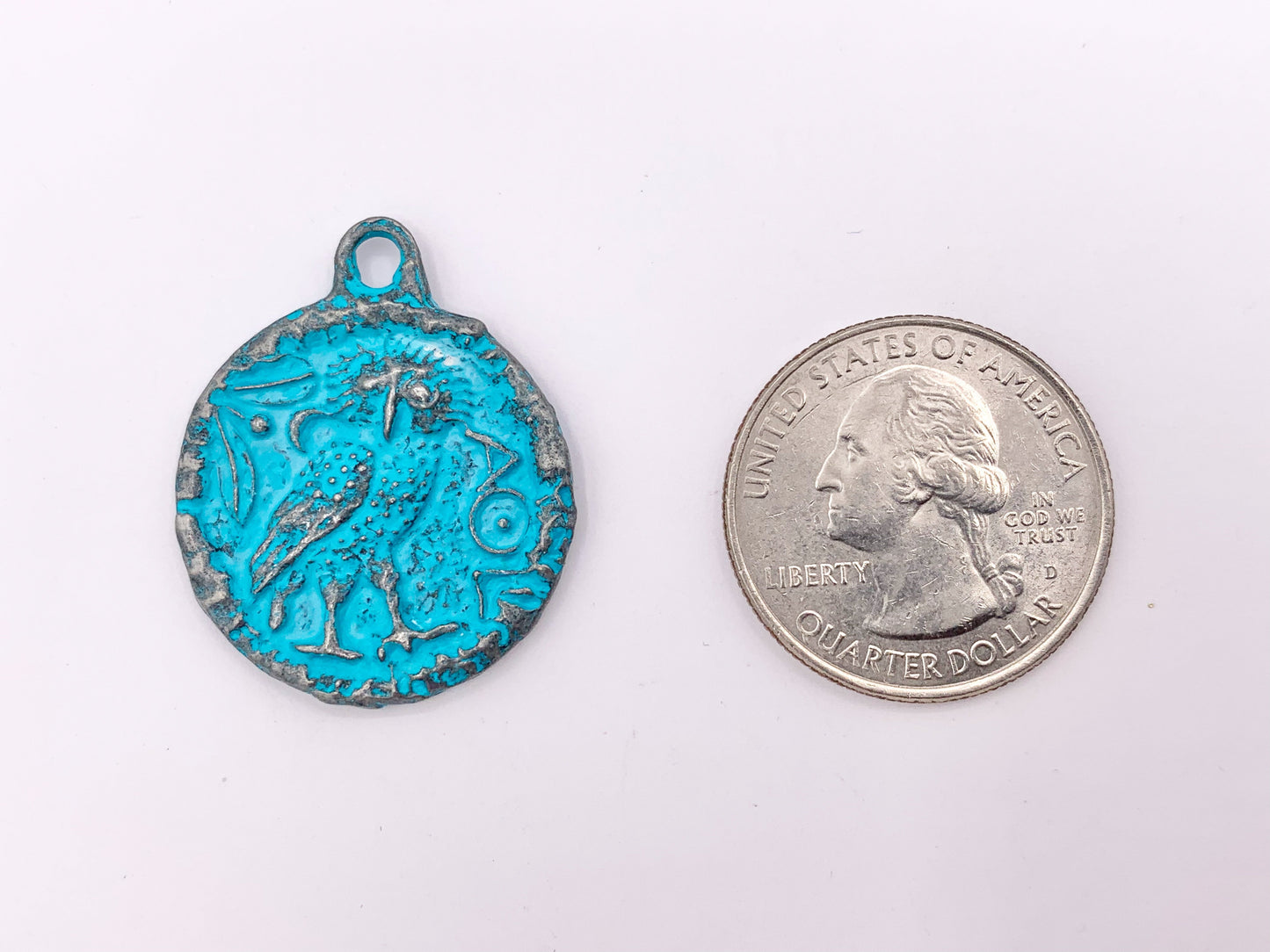 25mm Pewter Owl Coin Charms Carved Double Sided Blue Patina Pendant 8 PCS