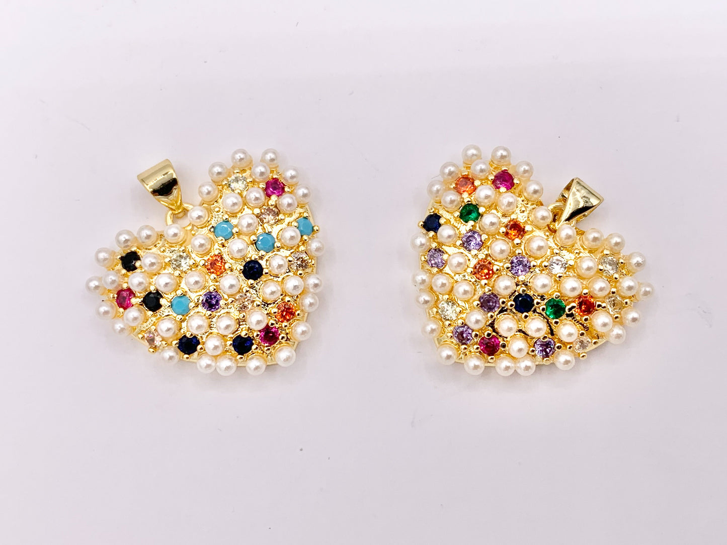 Clear and Multi CZ Pave Pearl Encrusted Puffy Hearts Pendant Charms in Real 18K Gold Plated Copper 5 PCS