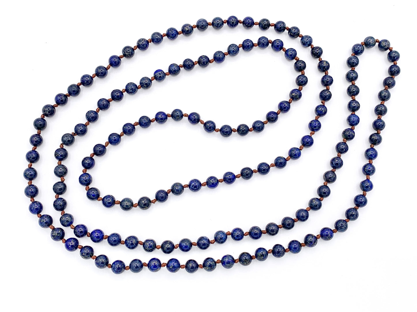 60" Handmade Gemstone Knotted Necklace - Black Onyx, Lapis, Silver Leaf Jasper, White Lace Agate, Aqua Terra & Magnesite Beaded Necklace