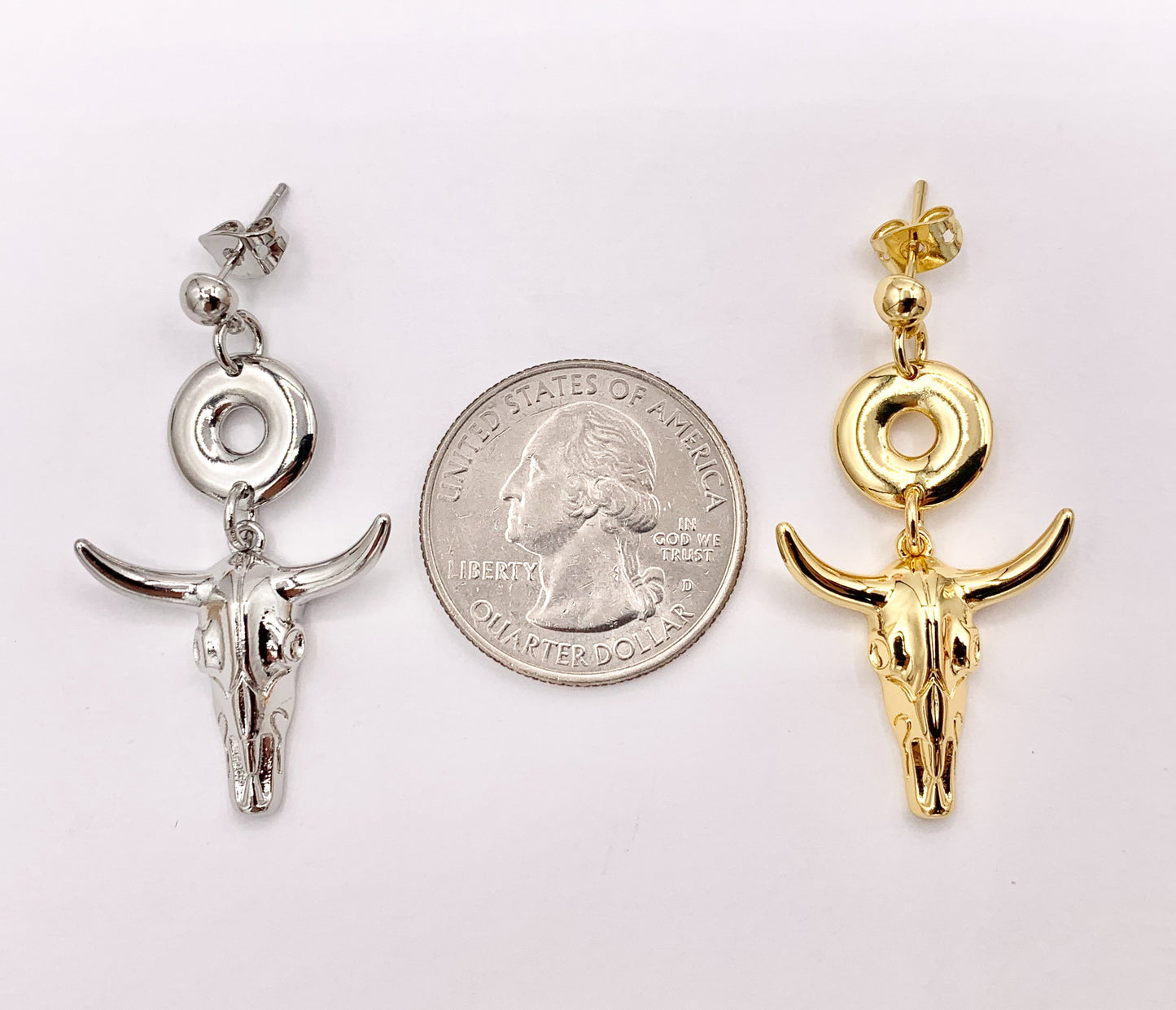 1.5" Long Horn Steer Head Dangle Earrings Stud in 18K Gold/Silver Plated Copper 3 PAIRS