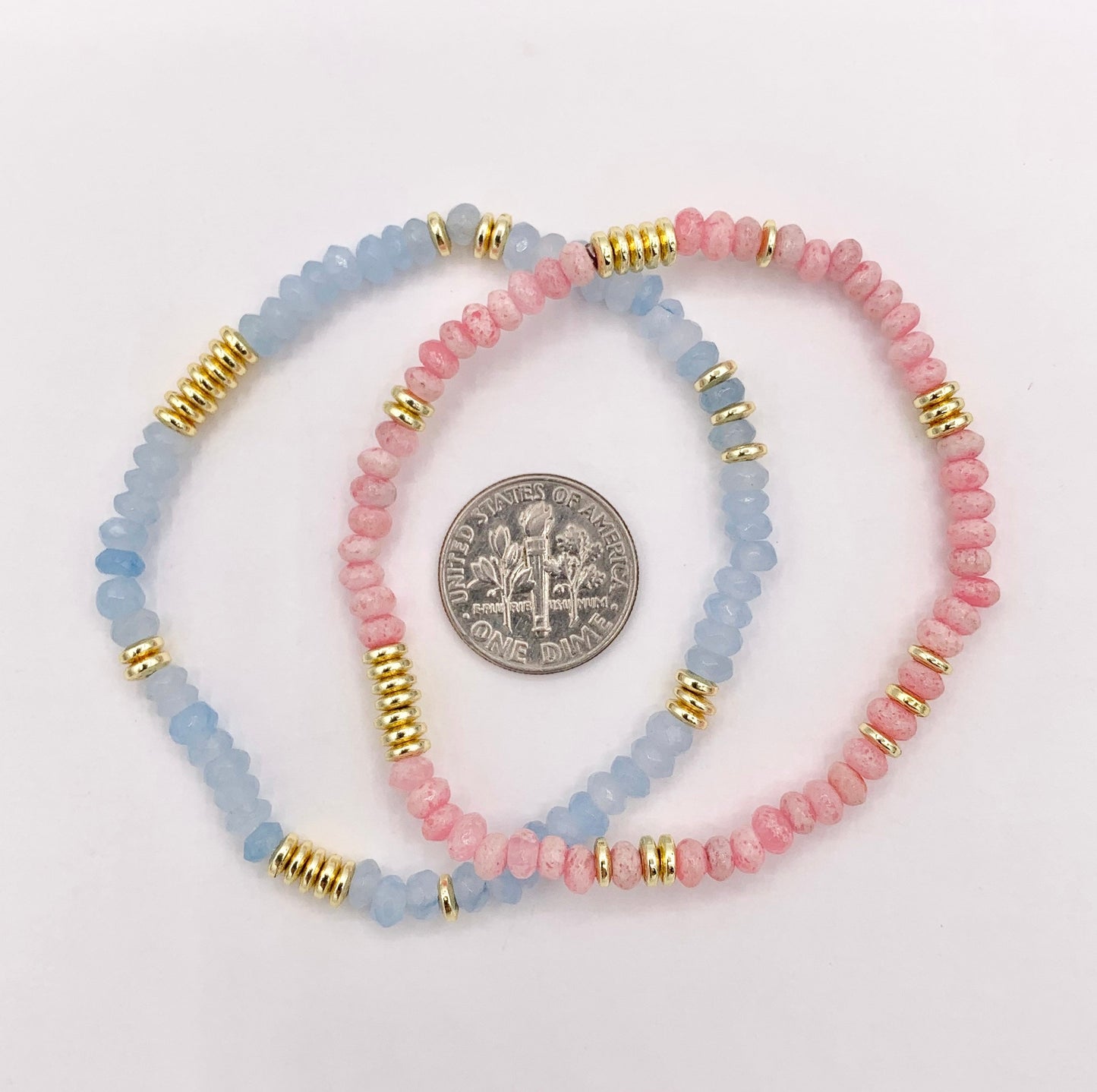 4mm Dyed Jade Beaded Dainty Light Pink & Blue Rondelle Jade with Gold Plated Hematite Saucer Spacers Bracelets 6.5" Price For 1PC