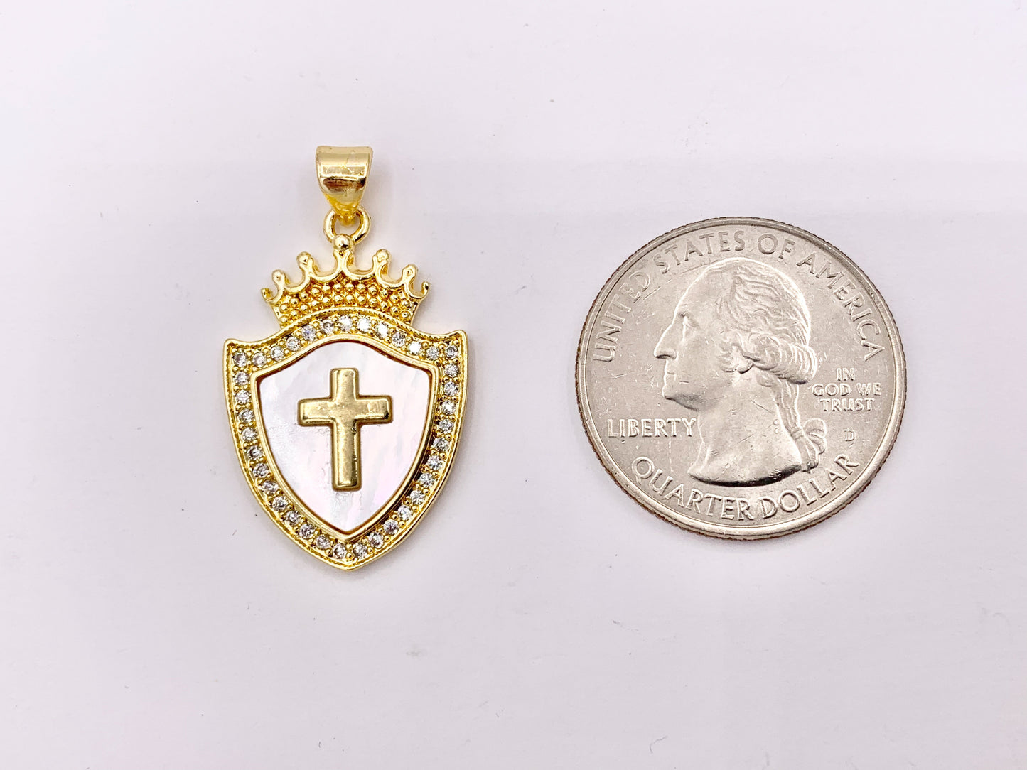 Tiara Shield Cross Pendants Princess Crown Shell Pendant in 18K Gold Plated with CZ Pave Charms Over Brass 4 PCS