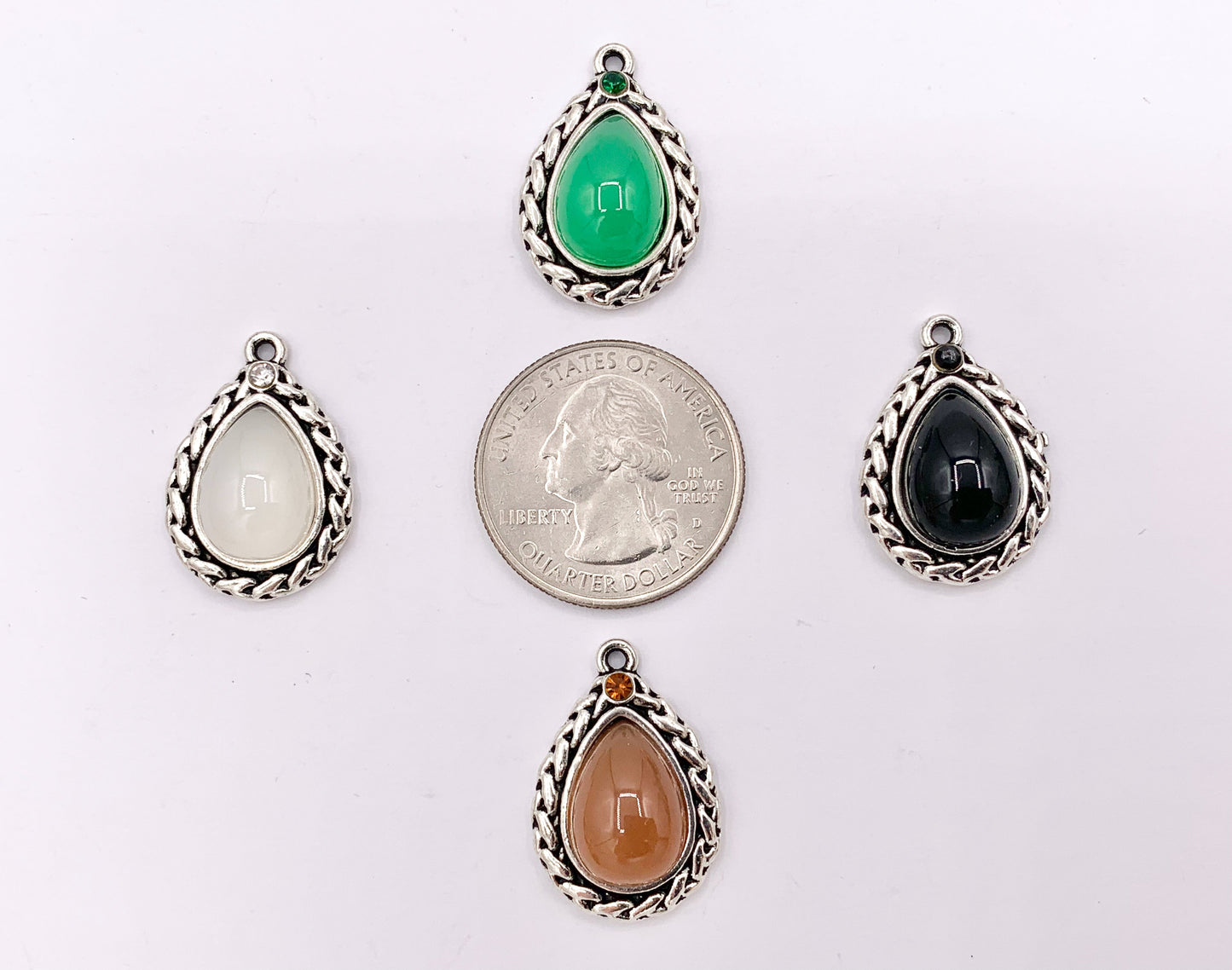 16x24mm Pewter Silver Soldered Braided Teardrop Dyed Glass Imitation Jade Charm in Black, White, Brown & Green 20 PCS