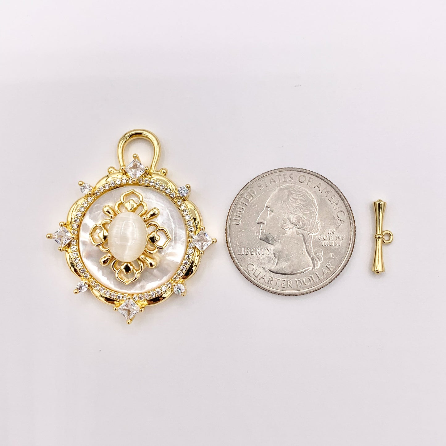 Large White Lip Shell Toggle/Pendant in 18K Gold Plated CZ Pave Jewelry Component 3 SETS